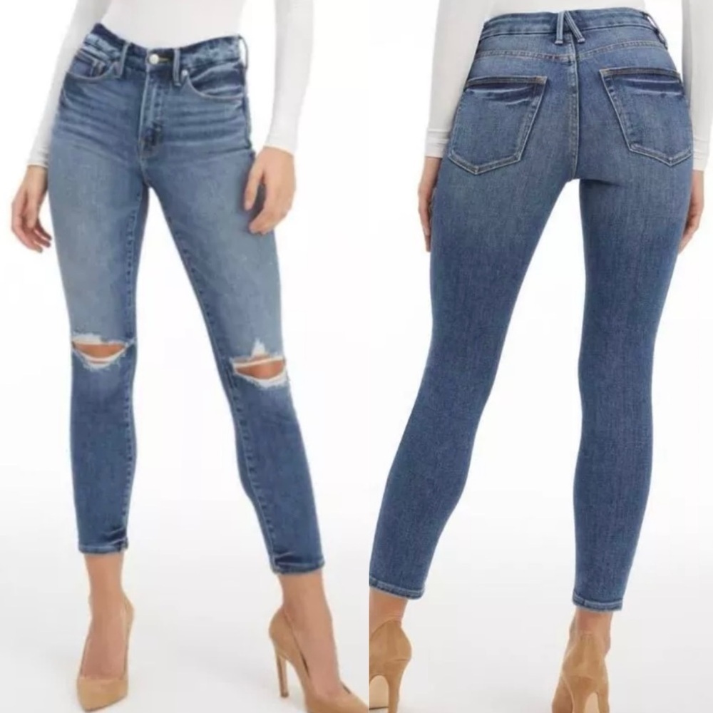 Good American Good Legs Stovepipe Distressed Jeans High Rise Sz 24 Blue Denim